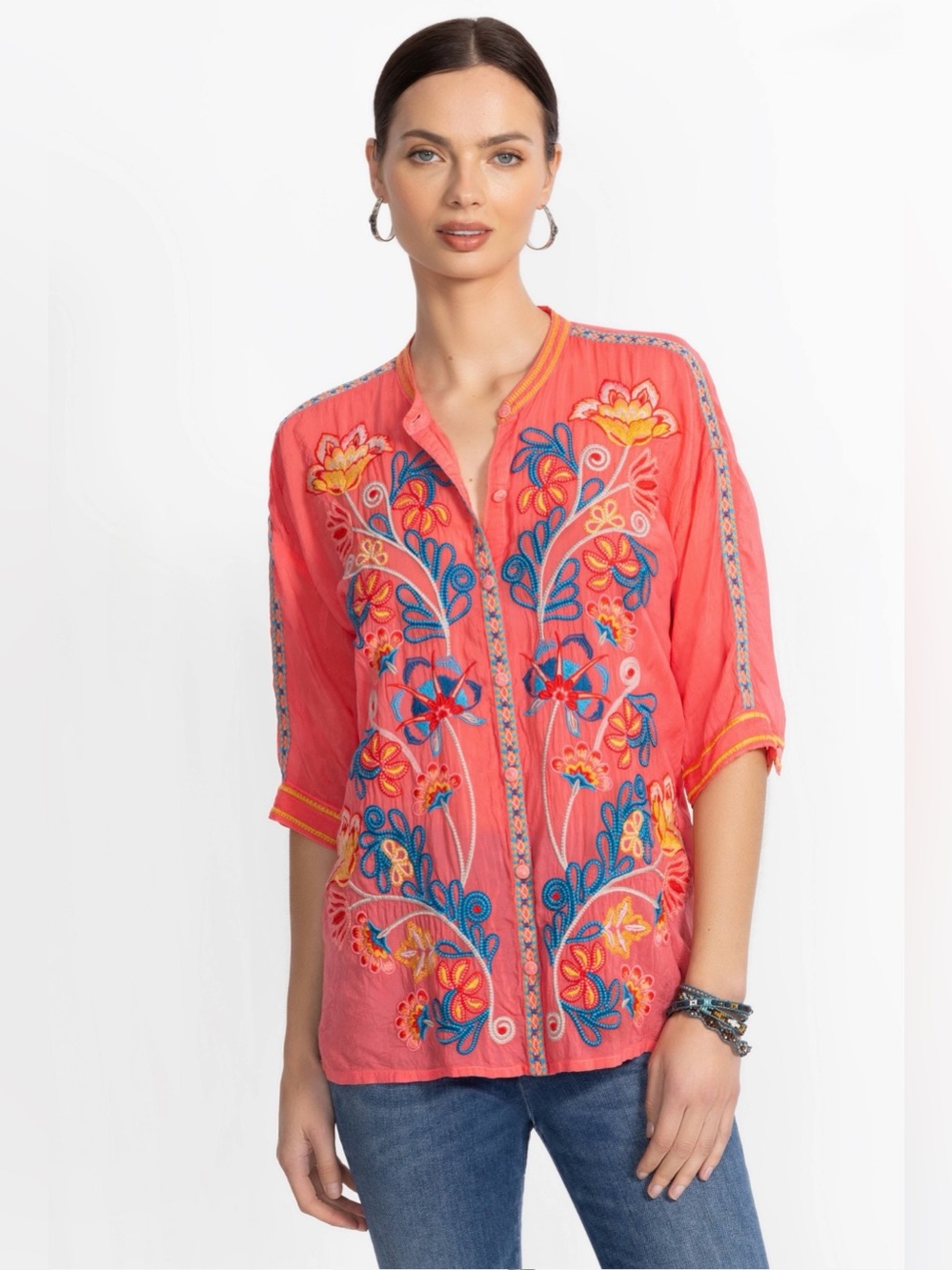 NEW JOHNNY WAS AUDREY SHIRT - PATRICIA FLORAL SIZE MEDIUM COLOR SUGAR CORAL